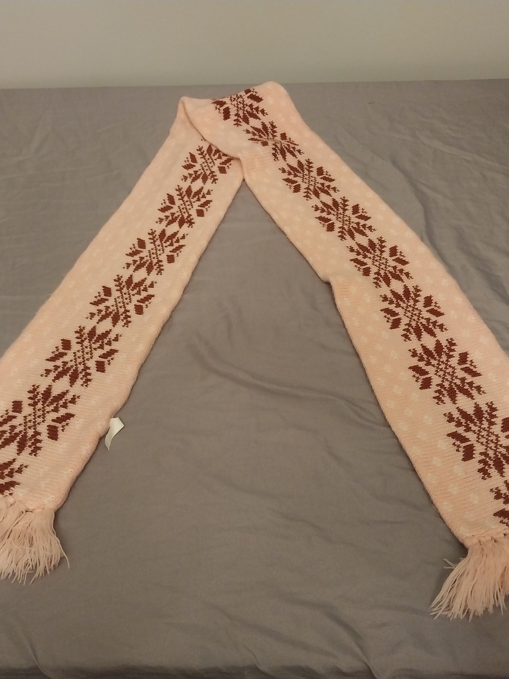 Blush Pink Knit Snowflake Scarf with Brown Pattern #0124